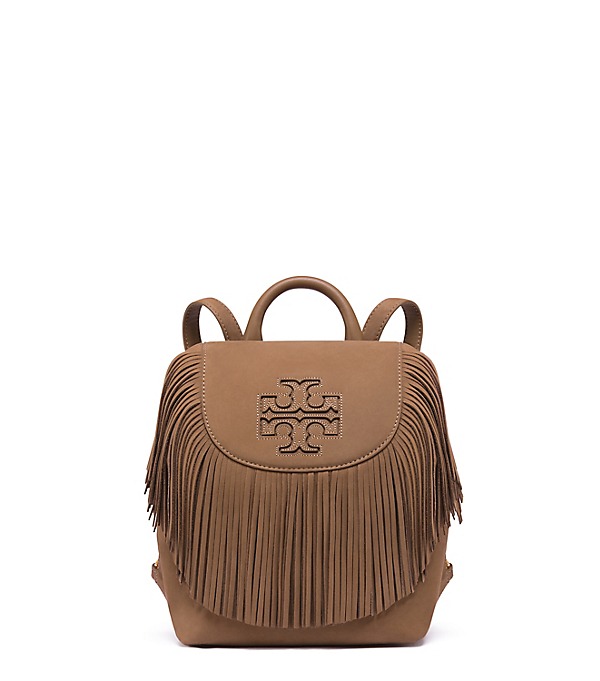 Tory Burch HARPER FRINGE MINI BACKPACK Otter Brown spring 2017 tory burch private sale 