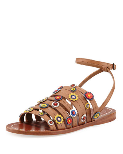 Tory Burch Marguerite Floral Flat Sandal Tan Neiman Marcus st. patrick's day sale 