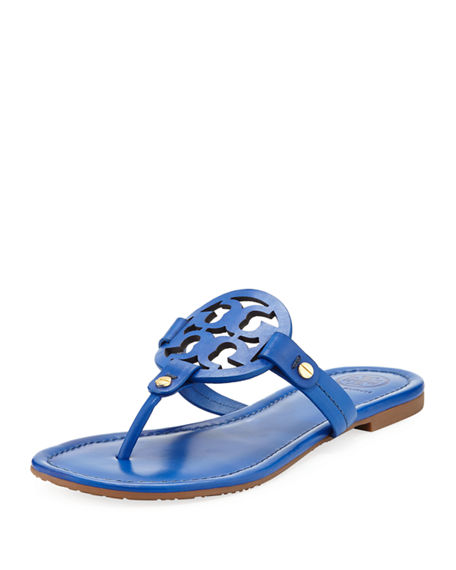 Tory Burch Miller Leather Logo Flat Slide Sandal Blue neiman marcus st. patrick's day sale