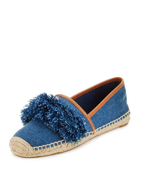 Tory Burch Shaw Fringe Espadrille Flat, Denim Blue/Royal Tan Neiman Marcus St. Patrick's Day Sale