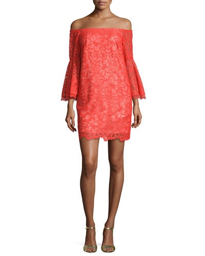 Trina Turk Lace Off-the-Shoulder Bell-Sleeve Shift Dress Torch lace shift dresses for spring wedding guest 