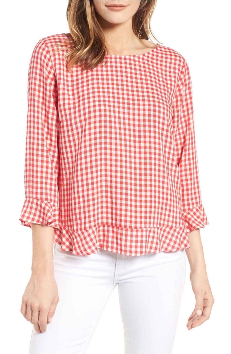 VELVET BY GRAHAM & SPENCER Ruffled Check Blouse Red Gingham tops for spring 2017