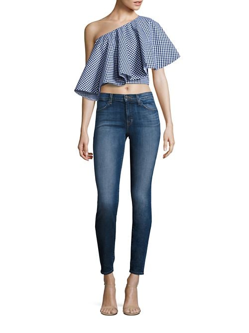 Viva Aviva Yakura Flouncy Gingham One Shoulder Top Blue White gingham tops spring 2017