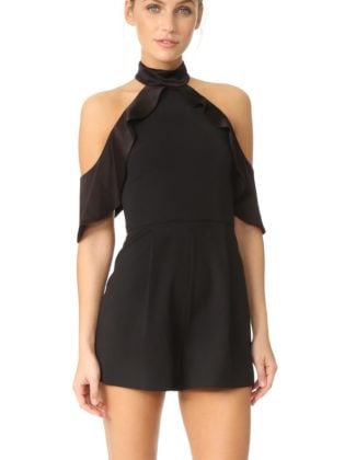alice + olivia Roseline Cold Shoulder Romper Black Ruffled Capelet Sleeves cold shoulder rompers spring 2017
