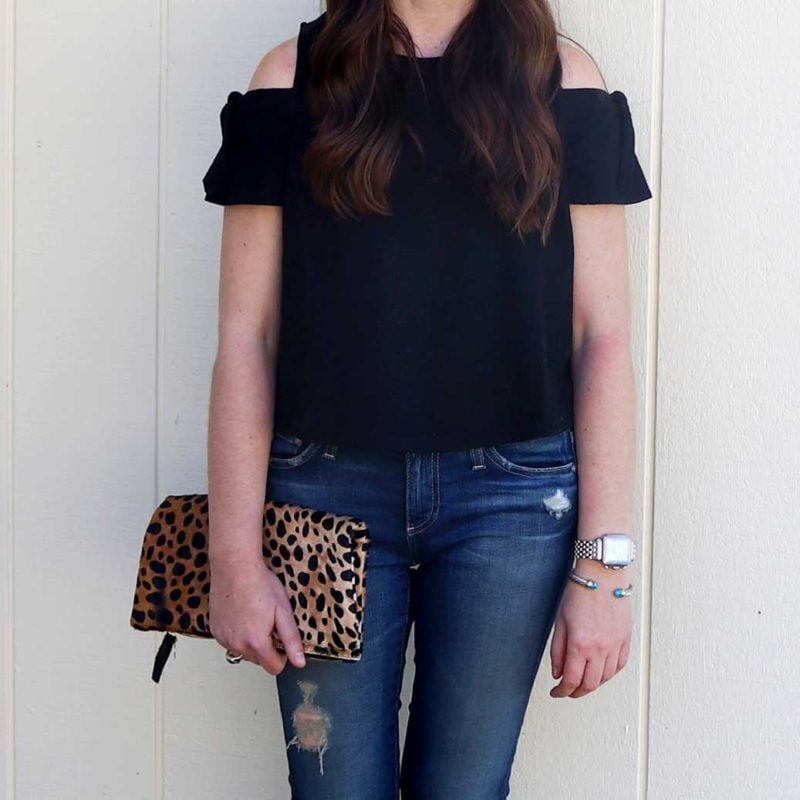 candace rose madewell skylark cold shoulder top, ag distressed legging ankle jeans, david yurman cuff bracelet, david yurman albion ring, michele deco diamond watch clare v leopard print clutch for spring 2017 candieanderson blog