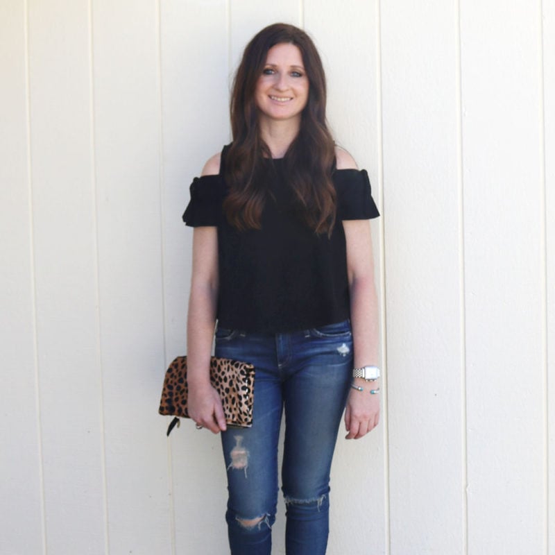 candace rose madewell skylark cold shoulder top, ag distressed legging ankle jeans, david yurman cuff bracelet, david yurman albion ring, michele deco diamond watch clare v leopard print clutch for spring 2017 candieanderson blog cold shoulder tops under $50 for spring 2017