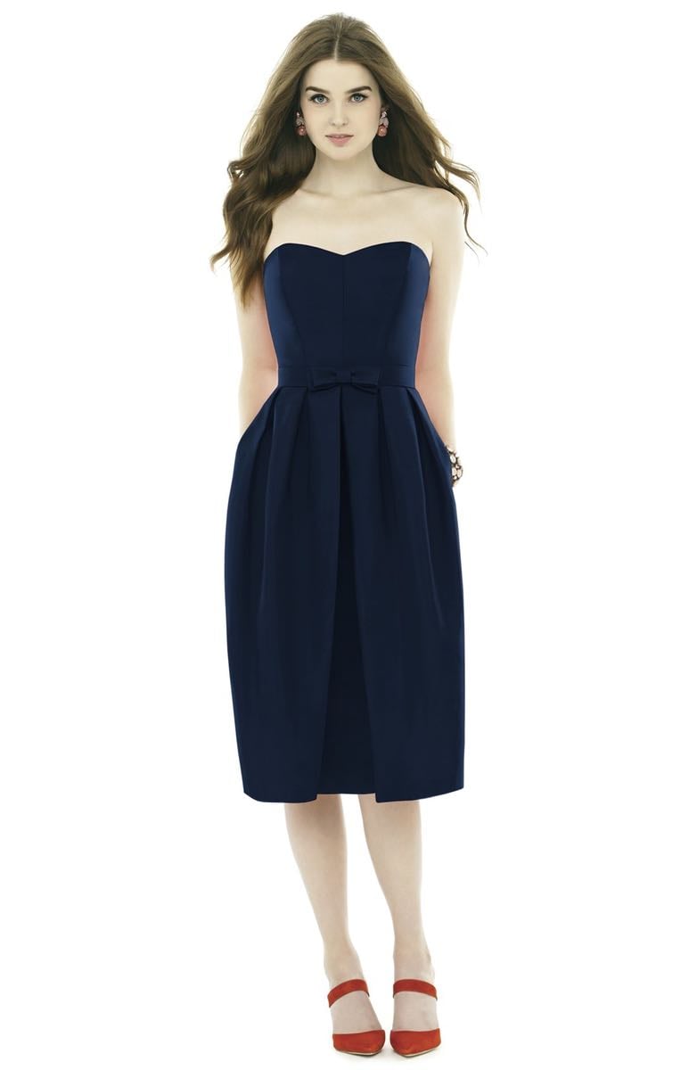 ALFRED SUNG Strapless Peau de Soie Midi Dress with Bow Belt Midnight Blue strapless dresses kentucky derby party