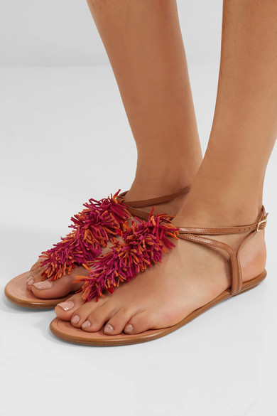 AQUAZZURA Wild Thing leather and fringed suede sandals tan leather pink orange suede