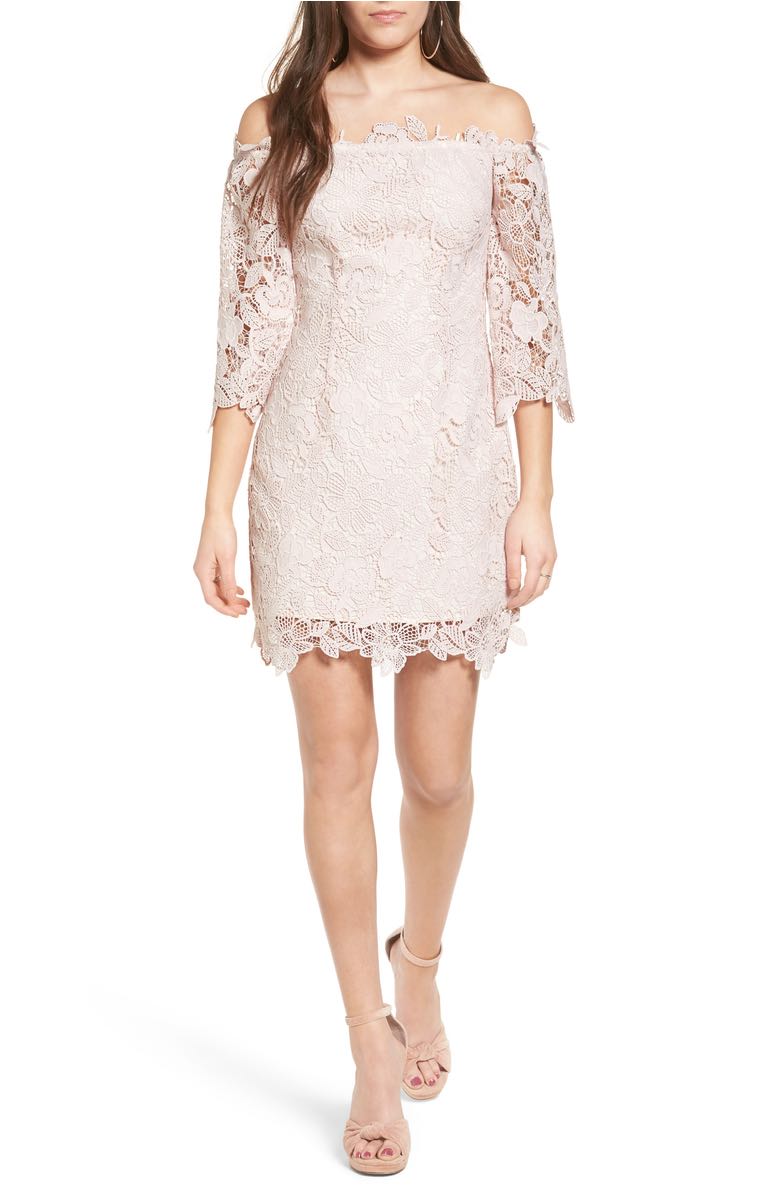 ASTR THE LABEL Madeline Lace Off the Shoulder Dress Blush Pink off the shoulder derby dresses