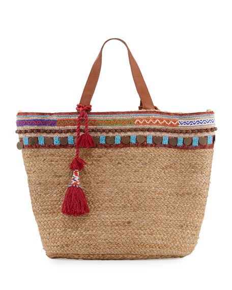 Ale by Alessandra Marrakesh Embroidered Straw Beach Tote Bag, Beige Embellished Embroidered Trim