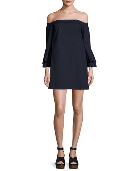 Amanda Uprichard Arabelle Off-the-Shoulder Bell-Sleeve Shift Dress Navy Blue off the shoulder dresses