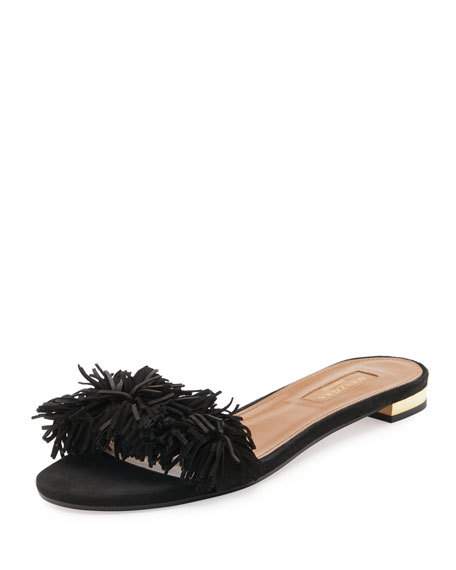 Aquazzura Wild Thing Suede Flat Slide Sandal Black flat fringe sandals