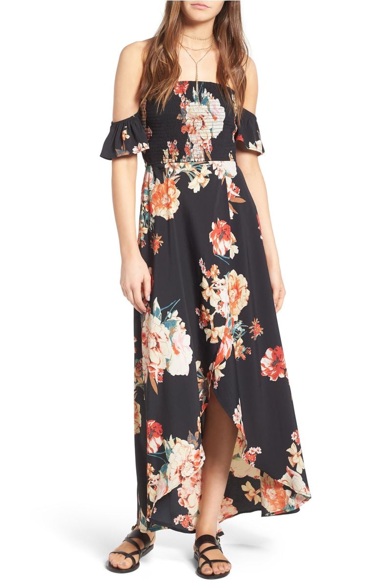 BAND OF GYPSIES Floral Print Maxi Dress Black Coral off the shoulder dresses kentucky derby