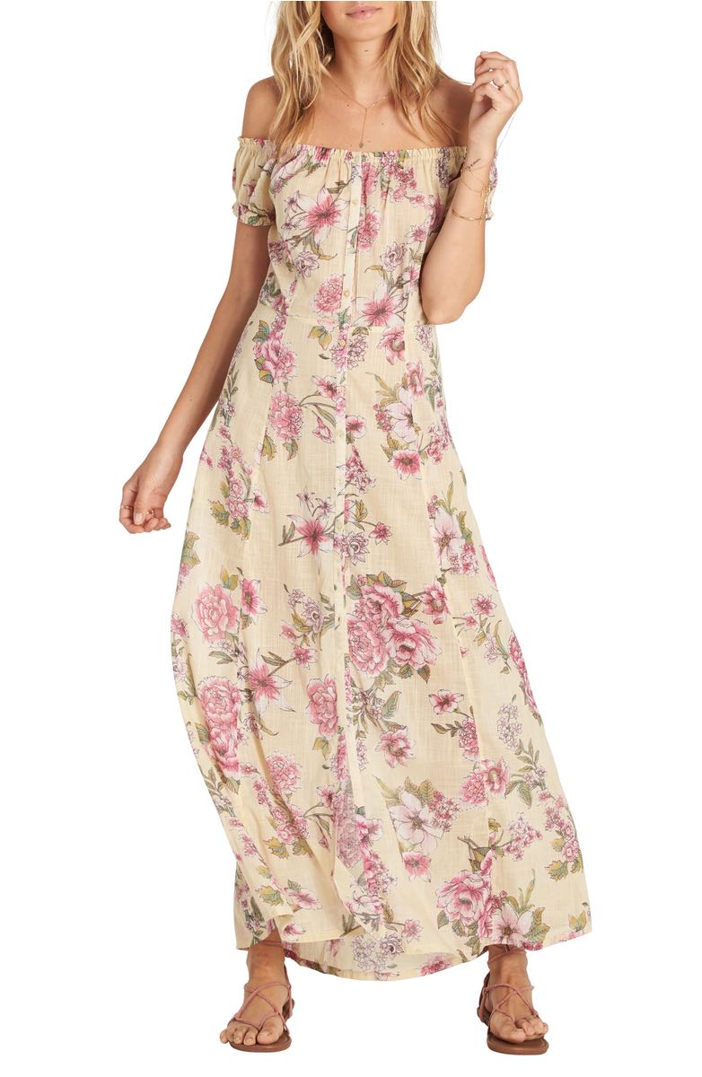 BILLABONG Linger Here Off the Shoulder Maxi Dress Floral Print Pina Colada off the shoulder dresses kentucky derby