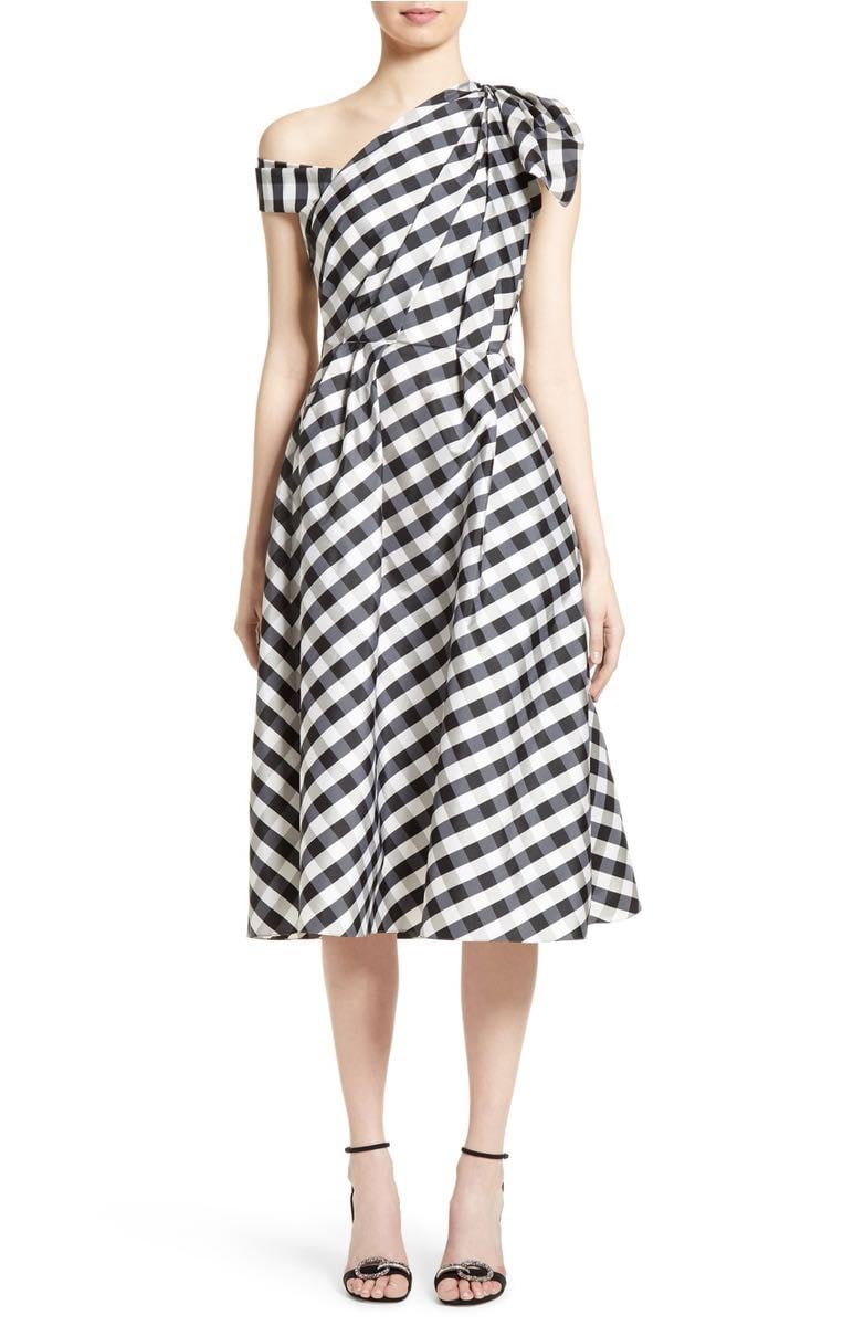 CAROLINA HERRERA Bow Detail One-Shoulder Gingham Dress Black White gingham dresses spring 2017