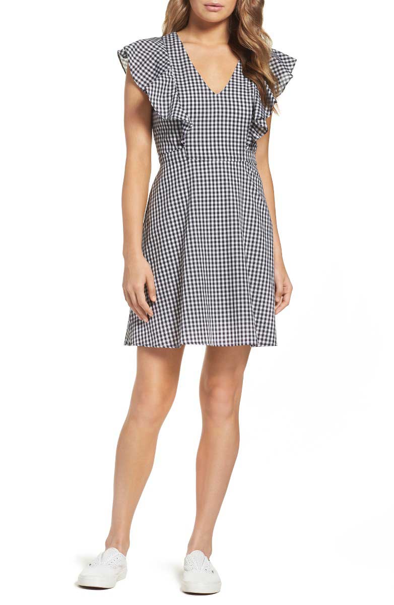 CHARLES HENRY Fit & Flare Dress Black White Gingham Check Print Ruffled Sleeves