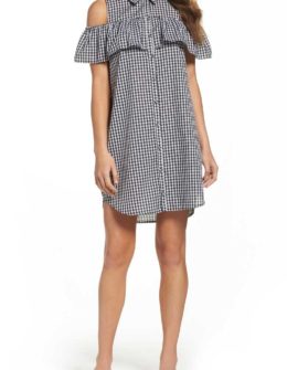 CHARLES HENRY Woven Gingham Cold Shoulder Shirtdress Black White Gingham Ruffle Trim