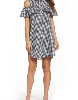 CHARLES HENRY Woven Gingham Cold Shoulder Shirtdress Black White Gingham Ruffle Trim
