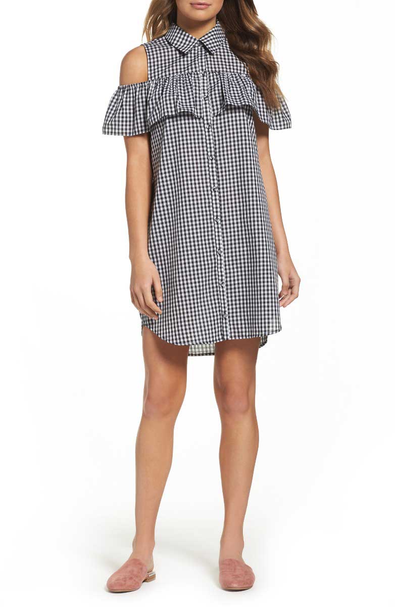 CHARLES HENRY Woven Gingham Cold Shoulder Shirtdress Black White Gingham Ruffle Trim