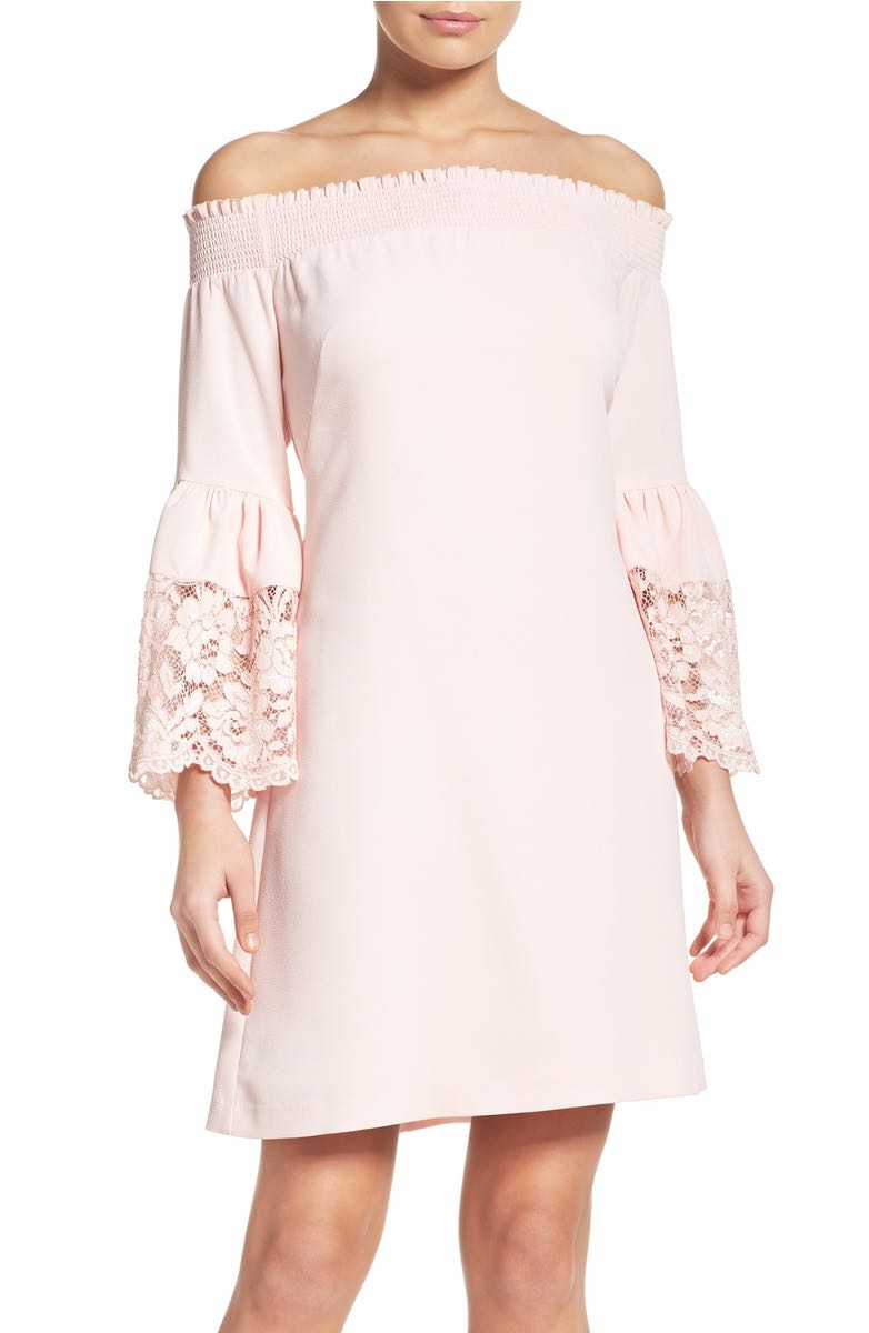 CHELSEA28 A-Line Off The Shoulder Dress Lace Bell Sleeves Pink Peach off the shoulder kentucky derby dresses
