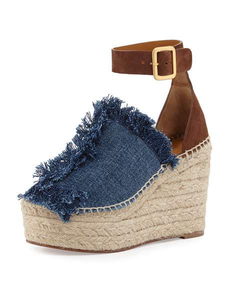 Chloe Frayed Denim Espadrille Sandal, Denim Blue/Coffee Neiman Marcus Shoe Sale