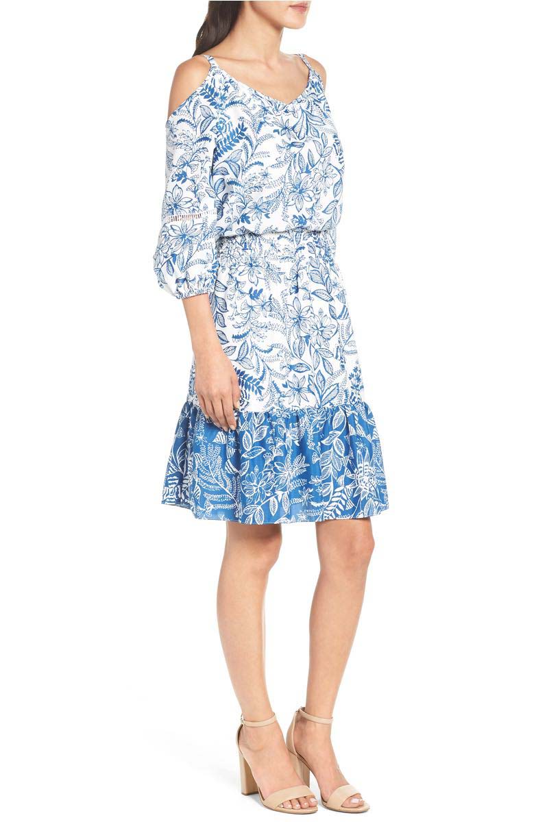 ELIZA J Cold Shoulder Dress Blue Ivory long sleeve dresses easter 2017