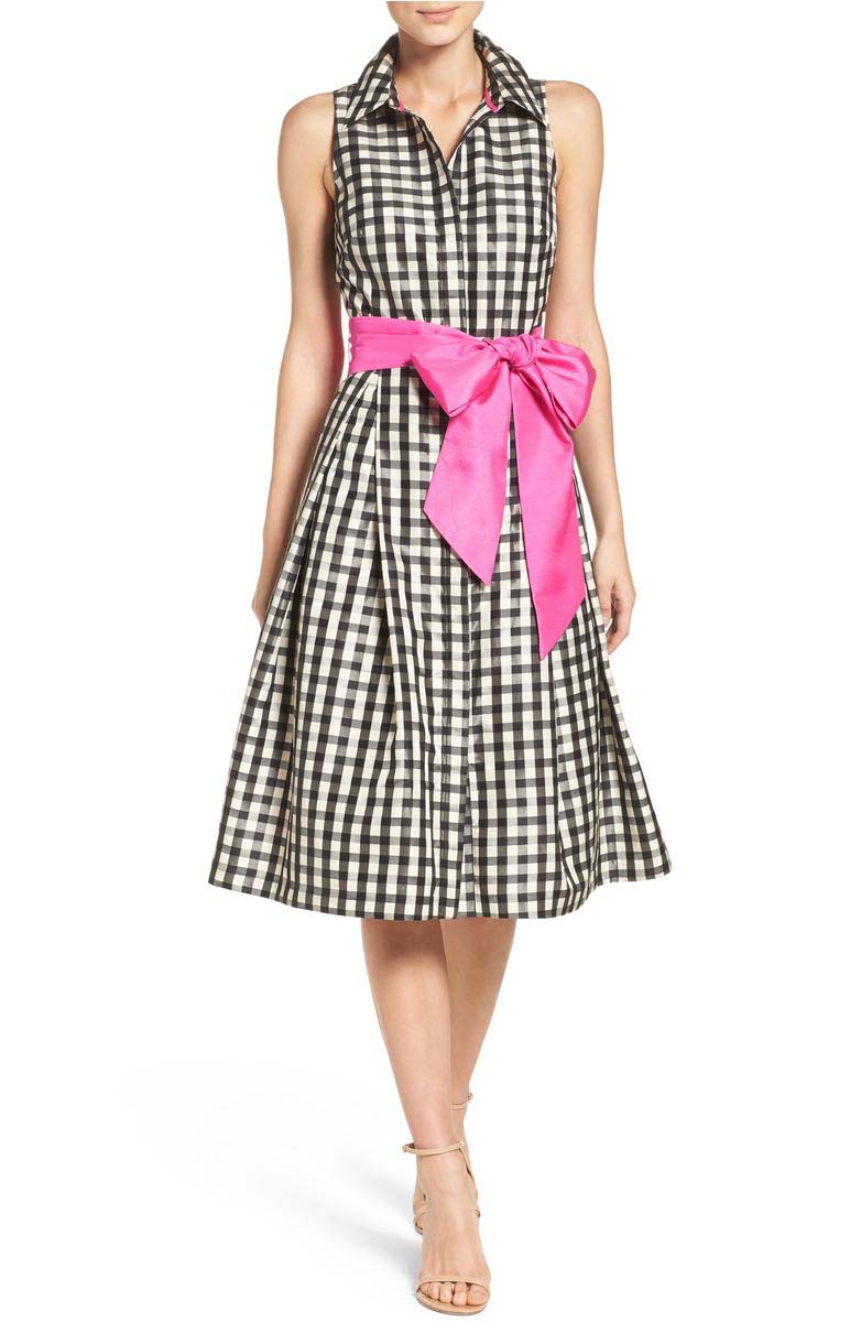 ELIZA J Fit and Flare Shirtdress Taupe Black Gingham Pink Bow gingham dresses spring 2017