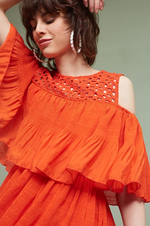 Eva Franco Fiesta Open-Shoulder Mini Dress Tangerine Anthropologie surprise sale