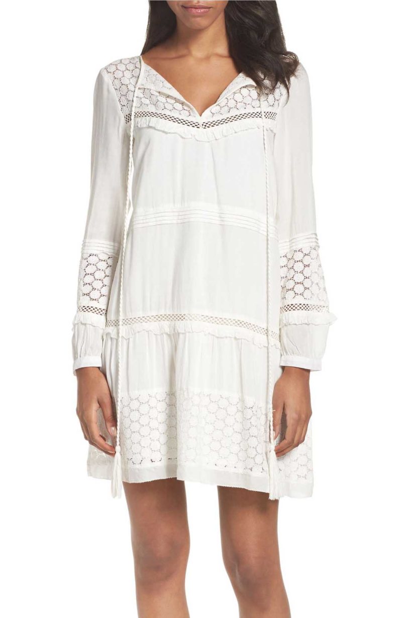 FRENCH CONNECTION Lola Mixed Media A-Line Dress Lace Ruffles Tassels Summer White long sleeve dresses easter 2017