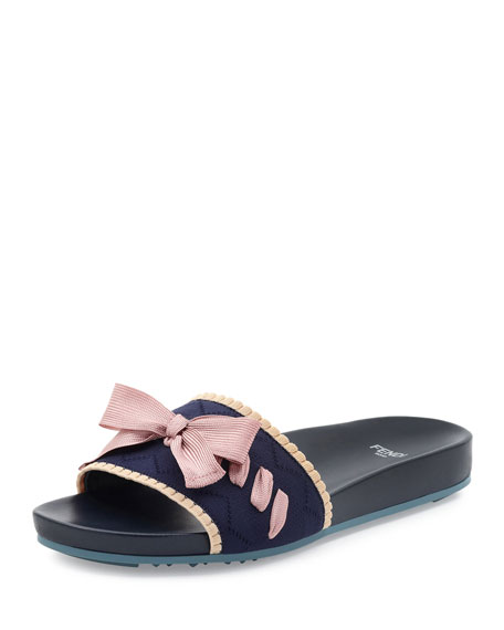 Fendi Bow Knit Slide Sandal Blue Pink bow slides