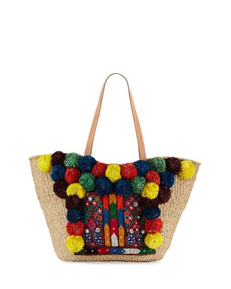 Flora Bella Neptune Pompom Beach Tote Bag Neutral/Multicolor straw totes spring 2017