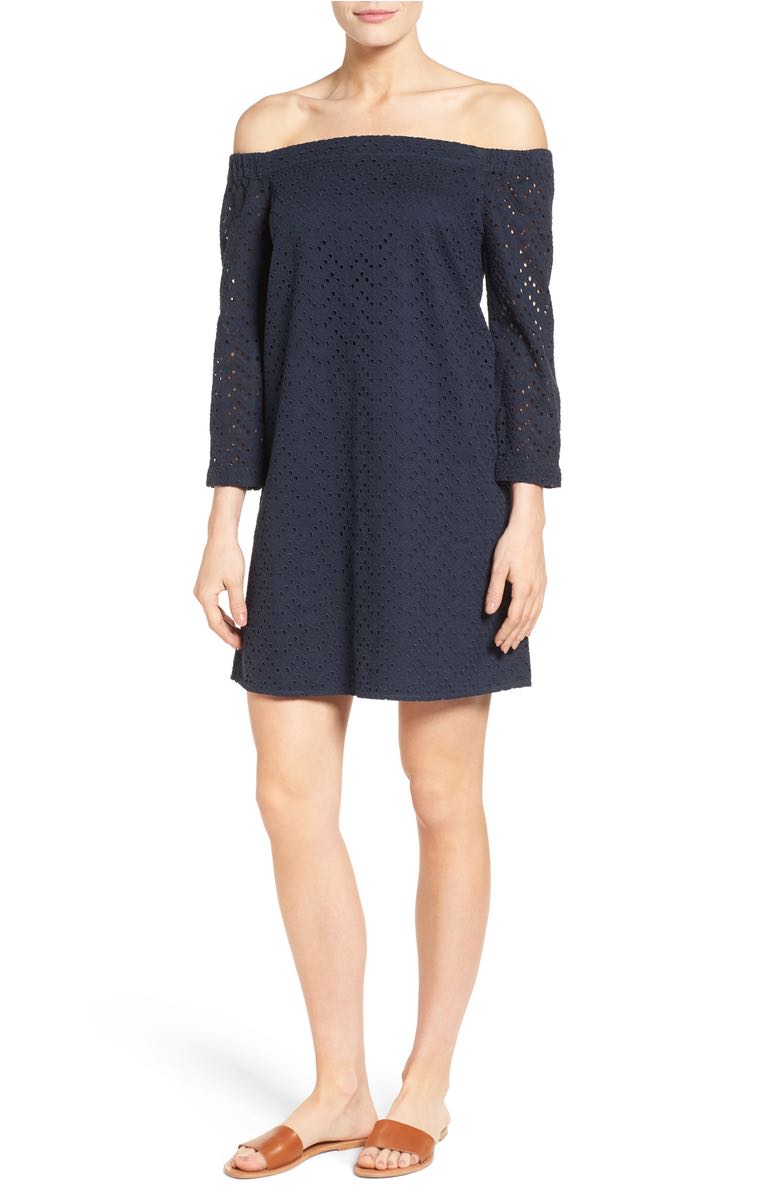 HALOGEN® Off the Shoulder Eyelet Dress Navy Eyelet Blue off the shoulder dresses kentucky derby