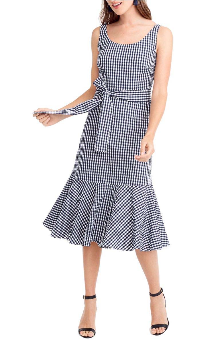 J.CREW Gingham Ruffle Hem Midi Dress Navy White gingham dresses spring 2017
