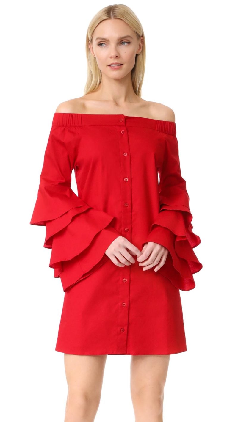 JOUR/NE Bella Off The Shoulder Dress Red Ruffle Bell Sleeves off the shoulder dresses