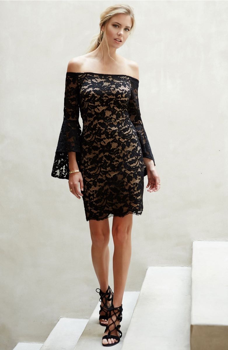 KAREN KANE Samantha Lace Off the Shoulder Sheath Dress Bell Sleeves Black Nude bell sleeve dresses kentucky derby 