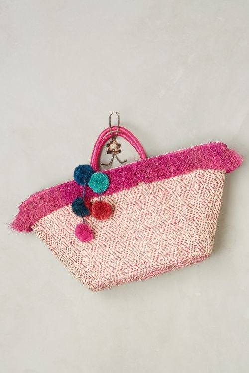Kahuana Straw Tote Pompom Fringe Trim Pink straw totes spring 2017