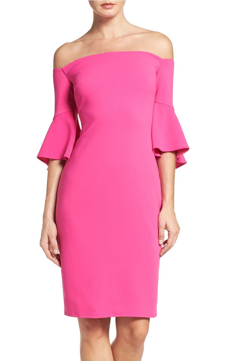 LAUNDRY BY SHELLI SEGAL Off The Shoulder Crepe Sheath Dress Bell Sleeves Hot Magenta off the shoulder dresses kentucky derby