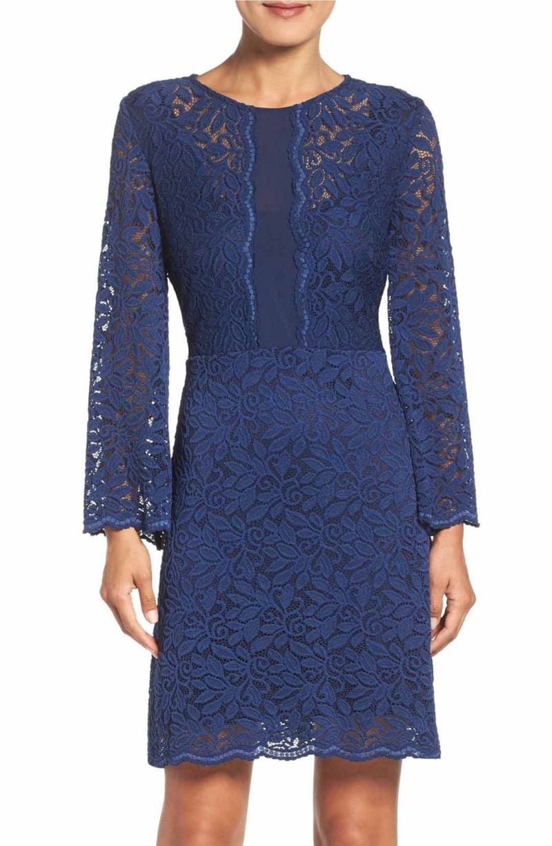 LAUNDRY BY SHELLI SEGAL Stretch Lace A-Line Dress Midnight Blue long sleeve dresses spring 2017