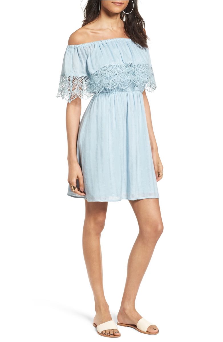 LUSH Lace Off the Shoulder Dress Light Blue off the shoulder dresses kentucky derby