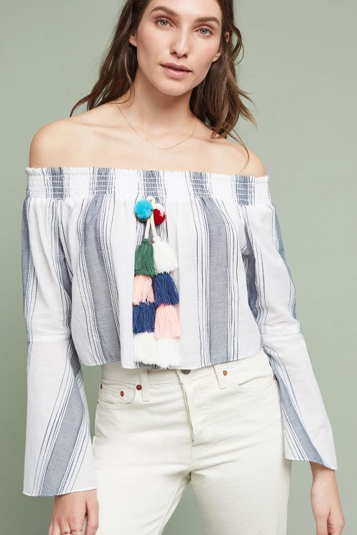 Lilka Playa Peasant Top Blue Motif Pompom anthropologie surprise sale