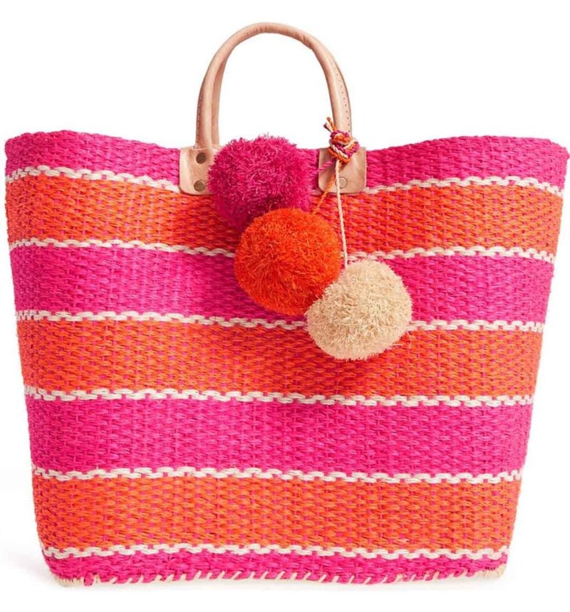 MAR Y SOL 'Capri' Woven Tote with Pom Charms Pink straw totes spring 2017