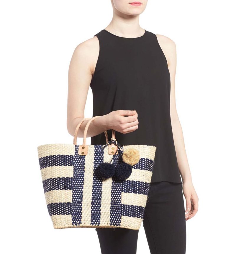 MAR Y SOL 'Collins' Woven Tote Navy Blue Pompoms straw totes spring 2017