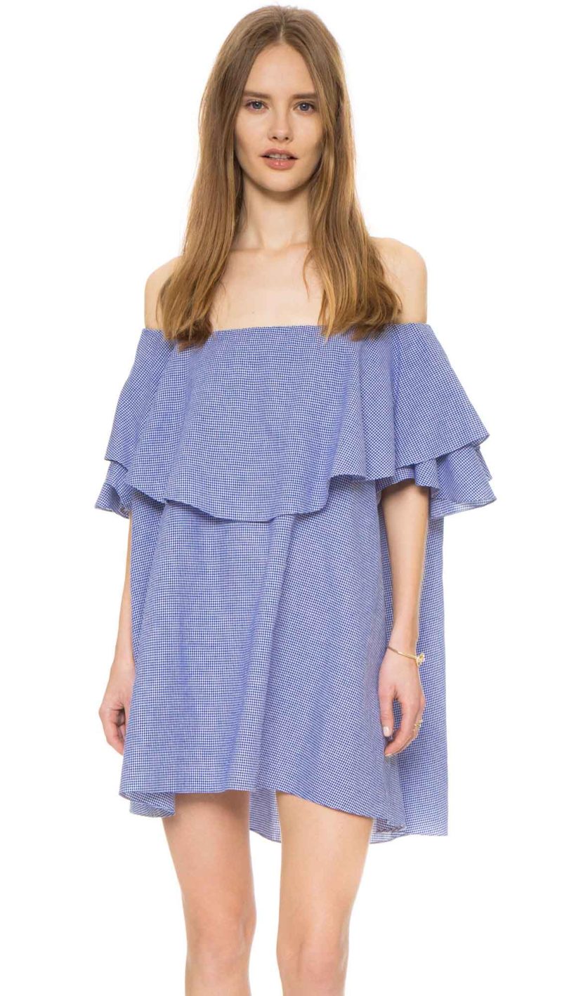MLM LABEL Maison Off Shoulder Gingham Dress Blue White gingham dresses