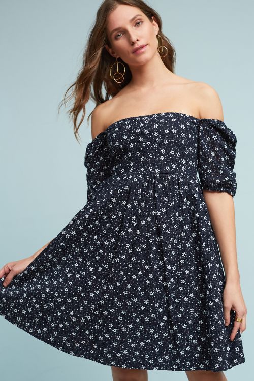 Maeve Lillianne Floral Off The Shoulder Dress Navy Blue anthropologie dresses sale