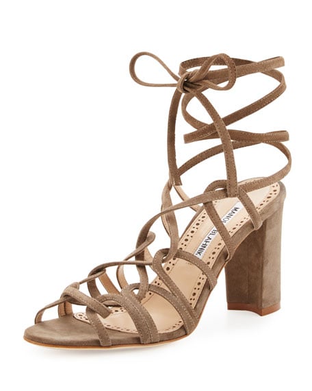 Manolo Blahnik Jena Suede Lace-Up Sandal, Taupe Neiman Marcus Shoe Sale