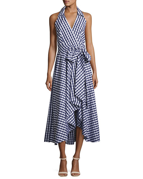 Milly Brooklyn Sleeveless Gingham Shirting Wrap Dress Navy gingham dresses spring 2017