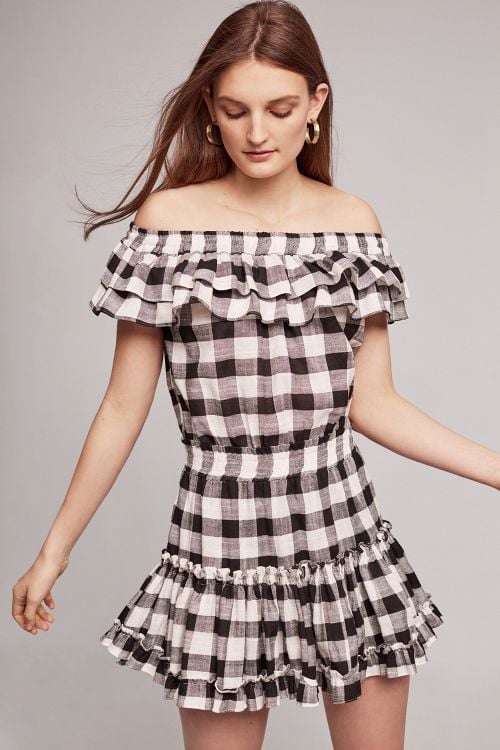 Misa Carrington Off The Shoulder Mini Dress Black White Gingham Anthropologie dresses sale