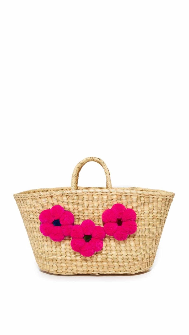 Nannacay Frida Straw Tote Floral Motif Pompoms Pink Off White straw totes spring 2017