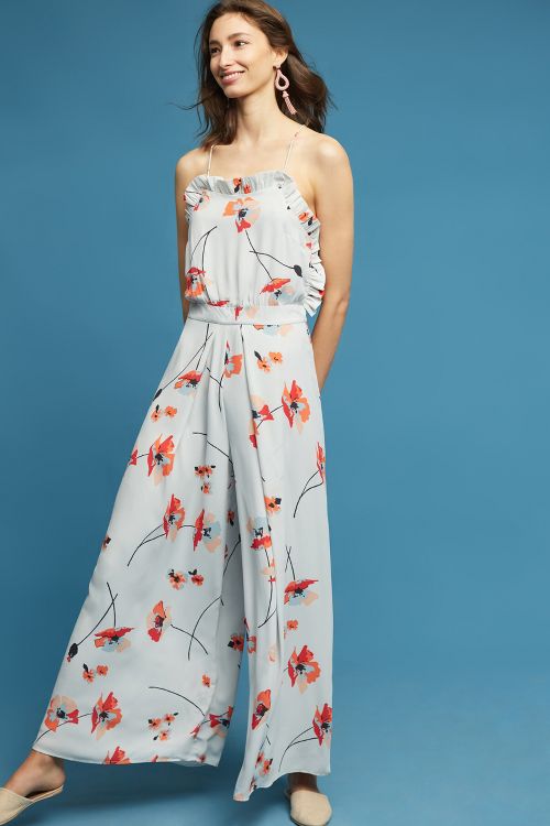Paper Crown Poppy Ruffle Petite Jumpsuit Blue Motif Anthropologie dresses sale