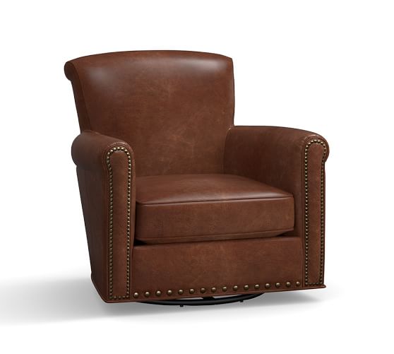 Pottery Barn IRVING LEATHER SWIVEL ROCKER WITH NAILHEADS pottery barn 25% off sale